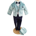 Costum botez baietel cu sacou catifea bleu și pantaloni bleumarin