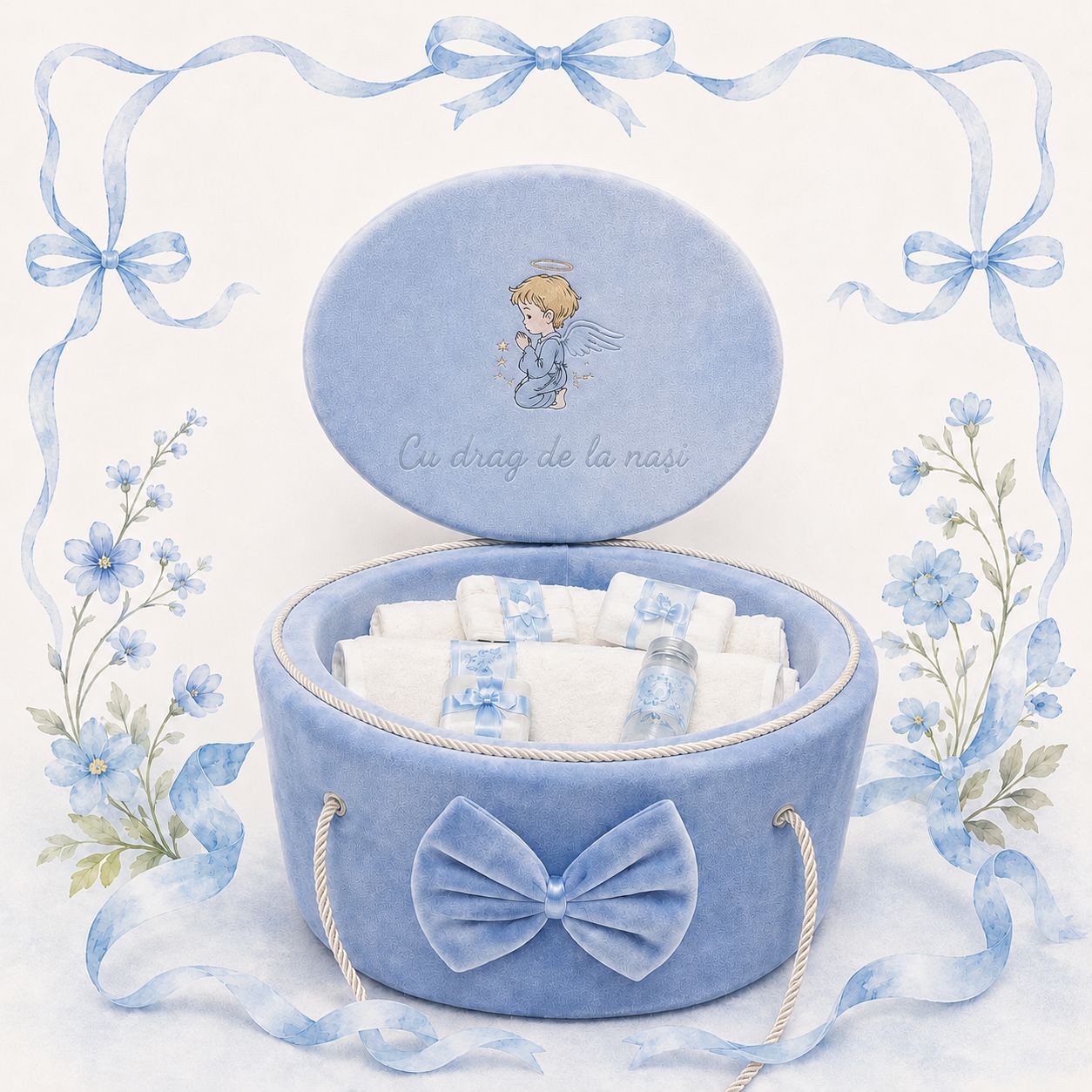 Trusou botez baiat cu cufar buretat bleu-Little Angel