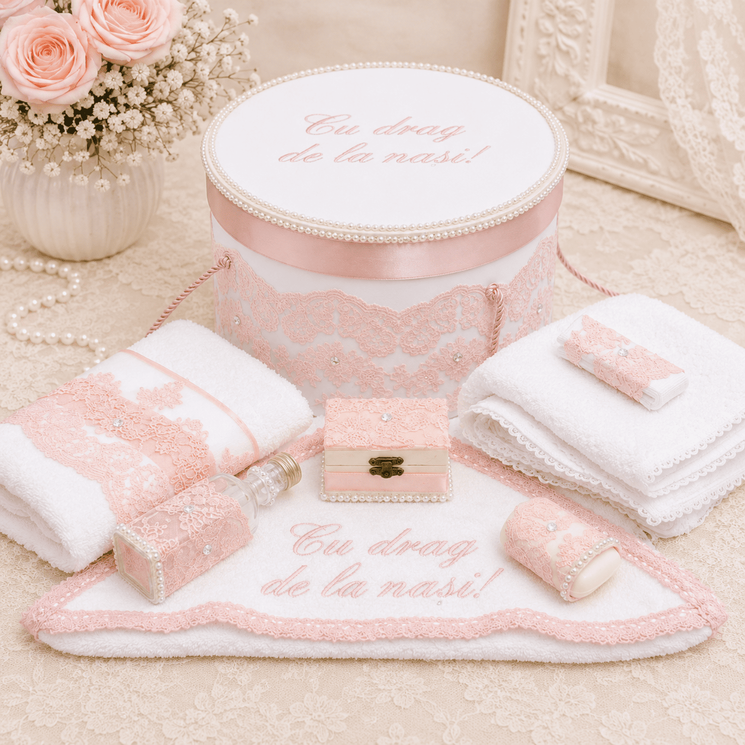 Trusou botez fetita cu dantela roz prafuit-Anita