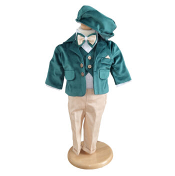 Costum botez baietel cu sacou catifea verde și pantaloni crem