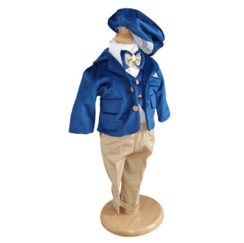 costum botez baietel premium albastru cu sacou catifea si basca