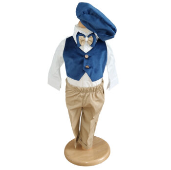 costum botez elegant baietel albastru cu pantaloni bej si papion