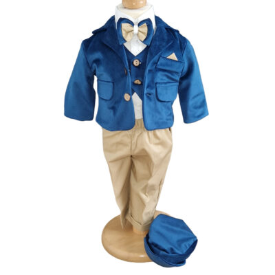 Costum botez baietel cu sacou catifea albastru și pantaloni bej