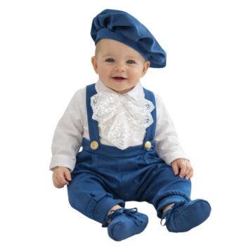 Pantaloni cu bretele din catifea bleumarin – costum botez