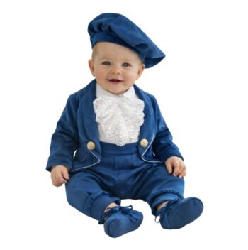 Costum botez băiețel elegant din catifea bleumarin – model Pascal