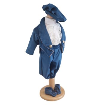 Costum botez băiețel din catifea bleumarin – vedere laterală
