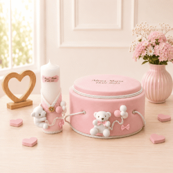 Cutie trusou botez roz personalizată cu nume și dată, alături de lumânare de botez și decorațiuni teddy bear, într-un decor soft pastel