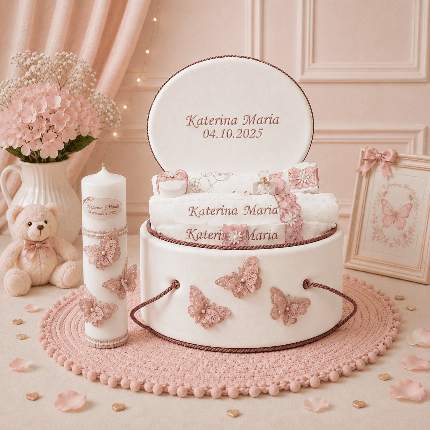 Trusou botez luxury pentru fetițe cu broderie personalizată, cutie ovală crem-roz, lumânare botez handmade și decor romantic pastel pentru ședințe foto și evenimente elegante