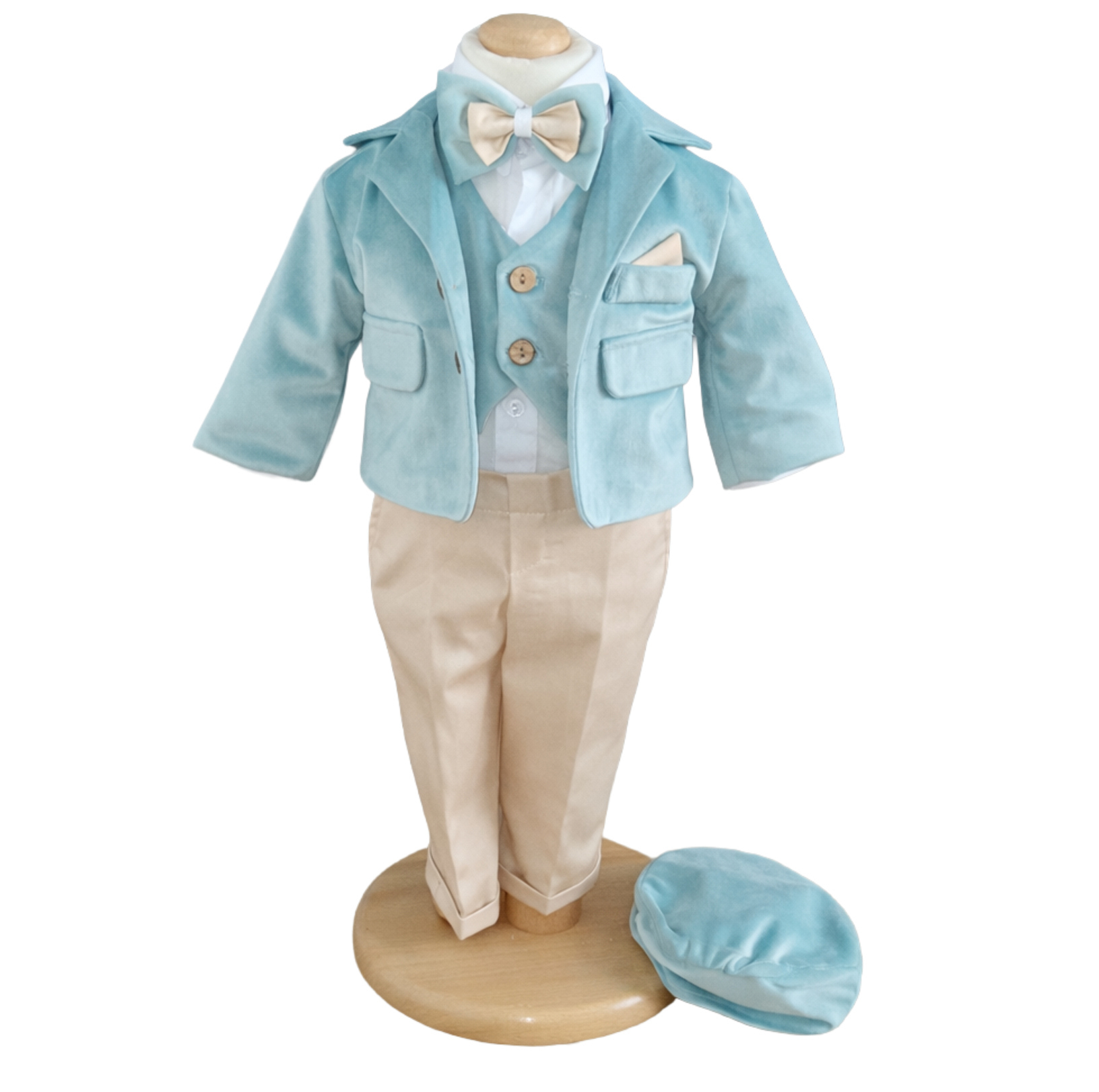 Costum botez baietel cu sacou catifea bleu și pantaloni crem