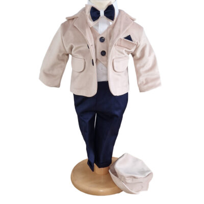 Costum botez baietel cu sacou catifea crem și pantaloni bleumarin
