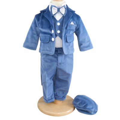 Costum botez baietel cu sacou și pantaloni catifea albastru