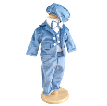 costum botez baietel stil elegant albastru complet cu sacou si pantaloni