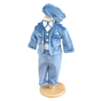 costum botez baietel premium albastru catifea cu vesta si sacou