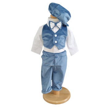 costum botez baietel elegant albastru cu papion si basca catifea