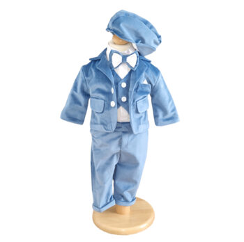 costum botez baietel albastru catifea cu sacou si pantaloni asortati