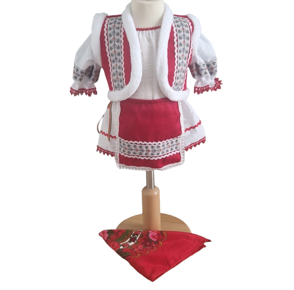 Rochita botez fetite traditionala rosie cu vesta