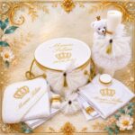 usou botez personalizat baiat alb si auriu cu tematica print regal