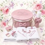 Trusou botez roz pudra cu aripi inger si cufar catifea pentru fetite